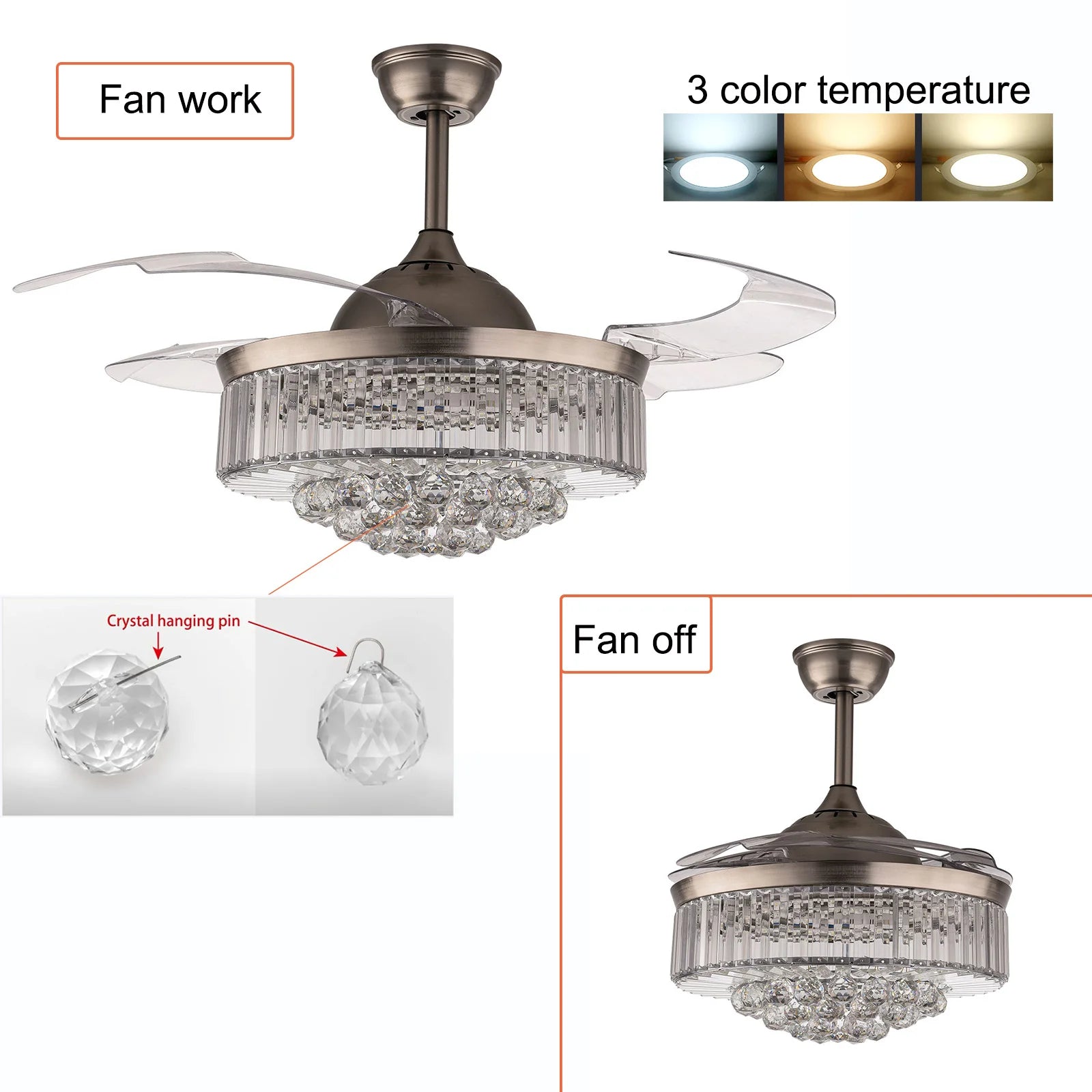 Byus 36'' Retractable Crystal Chandelier Fan - Lumen Attic