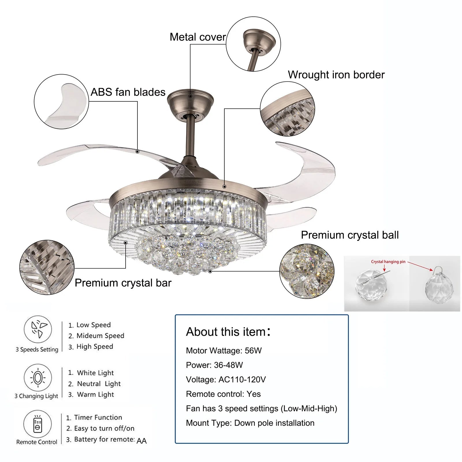 Byus 36'' Retractable Crystal Chandelier Fan - Lumen Attic