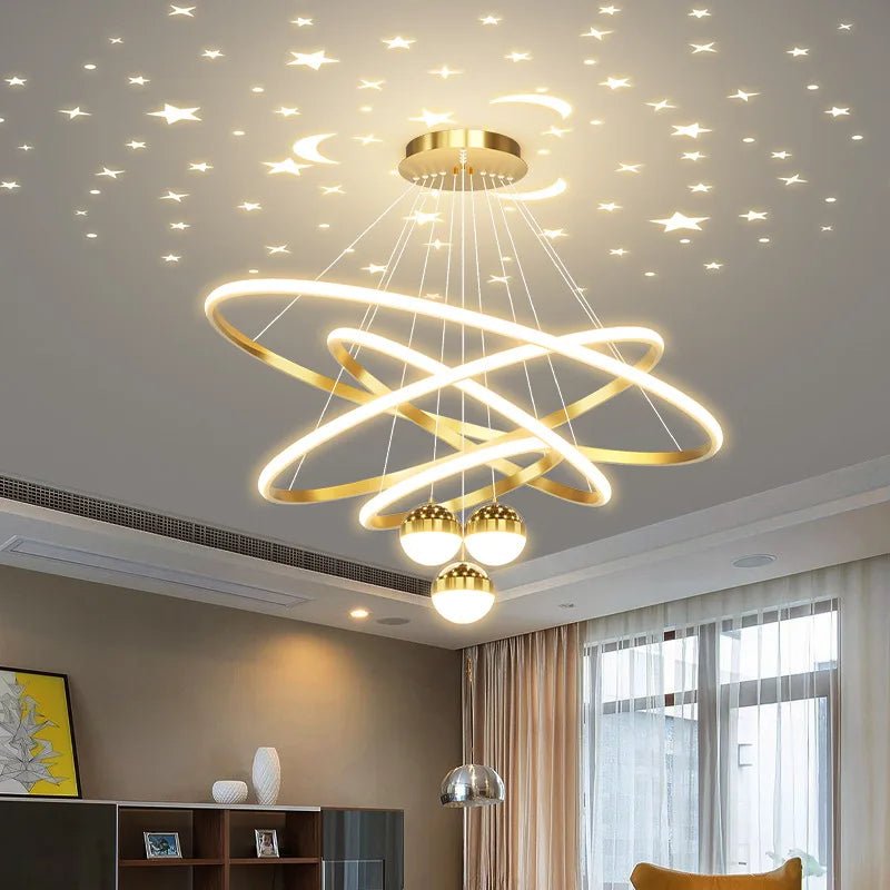 Celestial Orbit Chandelier with Projected Stars and Moons - Lumen Attic