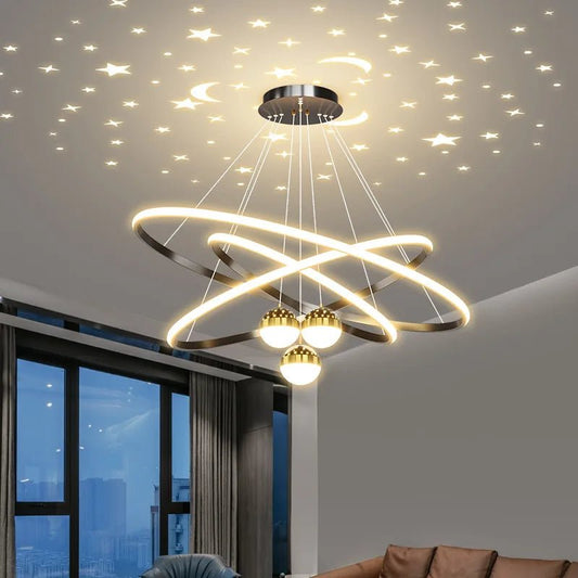 Celestial Orbit Chandelier with Projected Stars and Moons - Lumen Attic