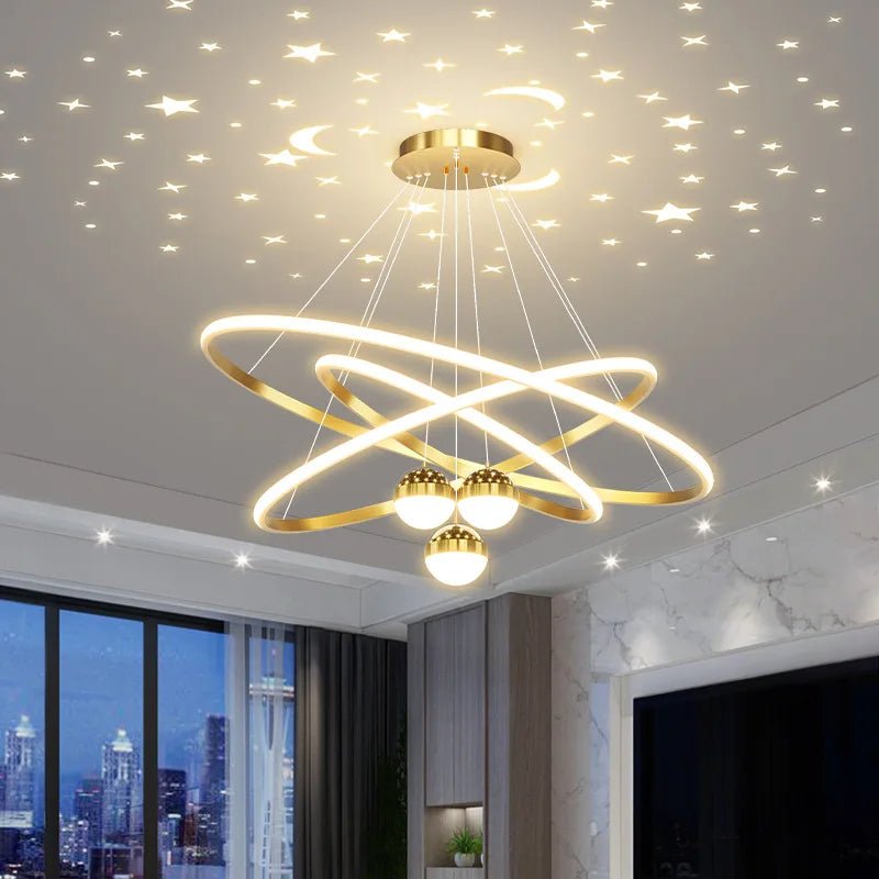 Celestial Orbit Chandelier with Projected Stars and Moons - Lumen Attic